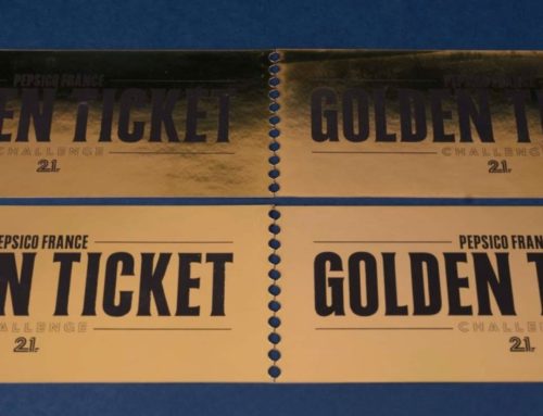 Coupon imitation Golden ticket en dorure à chaud or numérique et découpe laser